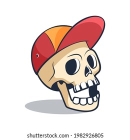 Funny Skull con gorra roja de béisbol. El cráneo de caricatura abre la boca. Ilustración vectorial.