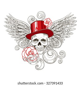 Funny skull in red hat with roses and wings like a tattoo sketch 