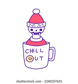 Funny skull with Santa costume inside a cup of coffee doodle art, illustration for t-shirt, sticker, or apparel merchandise. With modern pop and kawaii style.