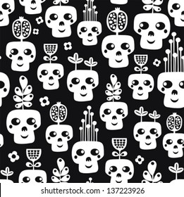 Funny skull seamless pattern with flowers. Vector illustration.