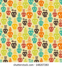 Funny skull seamless pattern with plants and flowers. Vector illustration. 