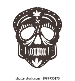 Funny skull in simple hand drawn cartoon doodle style. Brown skull with painted elements. Funny illustration for the holiday halloween, day of the dead
