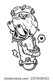 funny skull with skateboard illustration