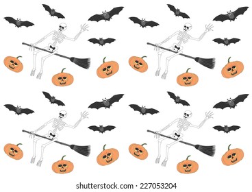 funny skull skeleton riding a broom, skull pumpkin, skull bat