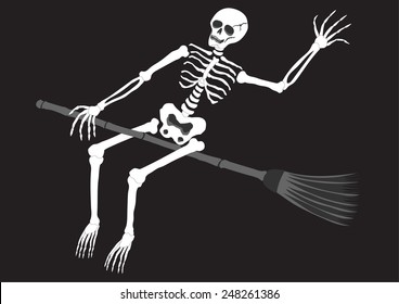 funny skull skeleton riding a broom in the night, halloween