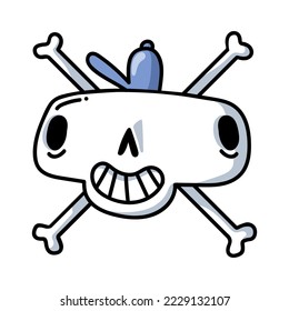 Funny skull, sticker for tattoo design. Cartoon cute dead skeleton head for colorful graffiti and skate sticker isolated vector illustration