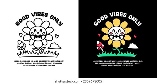 Girasol de cráneo divertido con buena vibra sólo tipografía, ilustración para logo, camiseta, pegatina o mercancía de vestir. Con doodle, retro, groovy y estilo de dibujos animados.