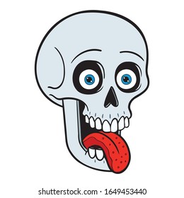 Funny skull with tongue out and eyeballs. laugh, halloween, t-shirt, cartoon, vector, isolated.