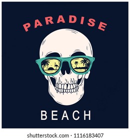Funny skull vector print.California paradise beach summer  t-shirt design.Sunglasses vector.Retro t-shirt print.
