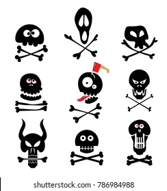Funny skulls black icons set. Vector illustration