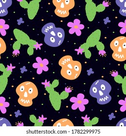 Funny skulls and cacti on a dark background. The pattern for the Halloween holiday, background, Wallpaper, wrapping paper.