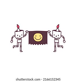 Funny skulls with candle inside the head holding banner with smile emoticon, illustration for t-shirt, sticker, or apparel merchandise. With doodle, retro, and cartoon style.
