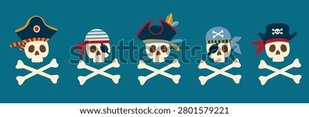 Funny skulls and crossed bones with pirate hats and bandanas set. Cartoon danger sailors vector illustration isolated on white background