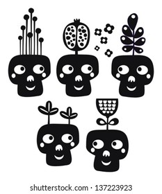Funny skulls with flowers. Vector illustration.  