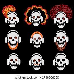 Funny skulls in headphones set. Skull DJ. Happy Halloween celebration. Illustrations for decoration of invitations, posters and prints. Vector illustration on a black background.