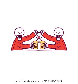 Funny skulls holding glass of beer, illustration for t-shirt, sticker, or apparel merchandise. With doodle, retro, and cartoon style.