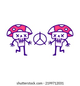 Funny skulls with mushroom hat and peace symbol cartoon, illustration for t-shirt, sticker, or apparel merchandise. With modern pop style.