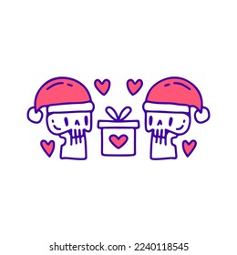 Funny skulls with Santa hat and gift boxes doodle art, illustration for t-shirt, sticker, or apparel merchandise. With modern pop and kawaii style.