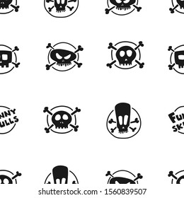 Funny skulls seamless pattern. Simple doodle shapes. Black & white backgound. Vector EPS 8