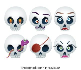 Funny skulls set Halloween vector illustration. Good for Halloween or Dia de los Muertos design.