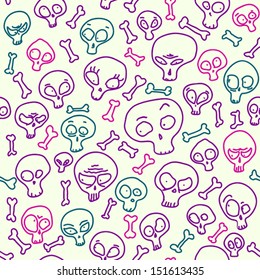 Funny skulls showing misc emotions, seamless pattern.