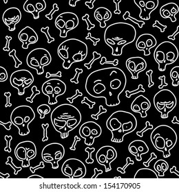 Funny skulls showing misc emotions, black and white seamless pattern.