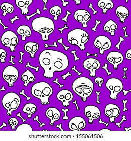Funny skulls showing misc emotions, purple Halloween seamless pattern.