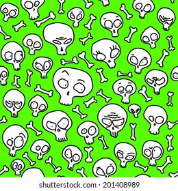 Funny skulls showing misc emotions, acid green Halloween seamless pattern.