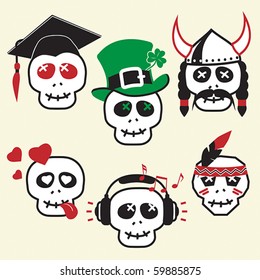 Funny skulls, smiles, various emotions and characters, CMYK, EPS8