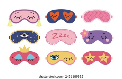 Funny sleep eye masks set. Night accessory for healthy sleeping, travel and recreation. Isolated vector illustrations on white background