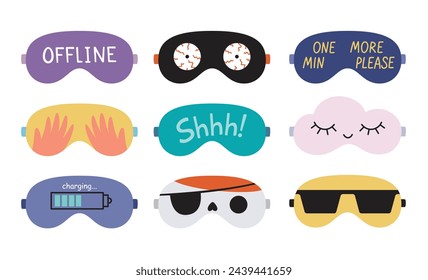 Funny sleep eye masks set. Night accessory for healthy sleeping, travel and recreation. Isolated vector illustrations collection on white background