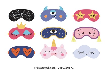 Funny sleep eye masks set. Healthy sleeping, travel and recreation. Night accessories isolated vector illustrations on white background