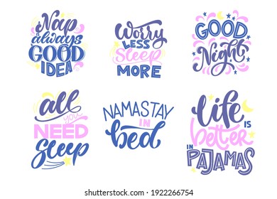 Funny sleep and good night quotes set. Vector design elements for t-shirts, pillow, posters, cards, stickers and pajama