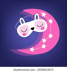 A funny sleep mask in the form of a rabbit's muzzle. Sleep mask-the moon and the stars. A cute composition for postcards, banners, prints, and promotional products. Vector illustration 