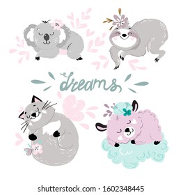 Funny sleeping animals in scandinavian style on a white background. Cute animals for kids. Collection of isolated illustrations