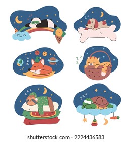 Funny sleeping animals vector cartoon set isolated on a white background.