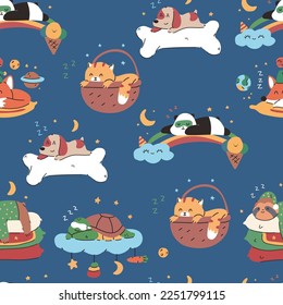 Funny sleeping animals vector cartoon seamless pattern background for wallpaper, wrapping, packing, and backdrop.