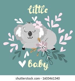 Funny sleeping baby koala in scandinavian style on a green background. Cute animal for kids illustration isolated