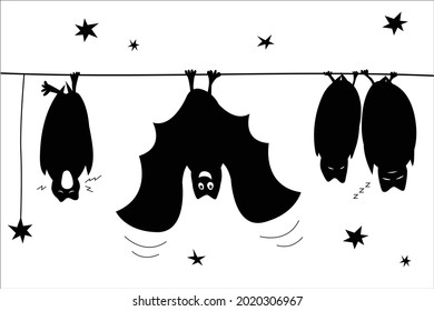 Funny sleeping bats hanging. Cute illustration for seasonal design. Hand drawn doodle character.