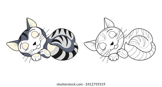Funny sleeping cute cat line and color. The illustration is done by hand in a cartoon style.