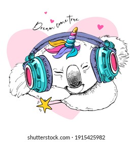 Funny sleeping Koala in a headphones with a rainbow unicorn horn. Humor card, t-shirt composition, hand drawn style print. Vector illustration.