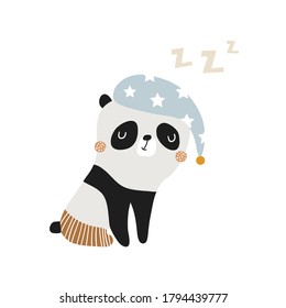 Funny sleeping panda. Childish print for fabric, t-shirt, poster, baby shower. Vector Illustration