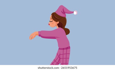 
Engraçado Sleepwalk Lady Vestindo pijamas cor-de-rosa Vetor Cartoon. Senhora sofrendo de um distúrbio do sono acordando enquanto não está completamente acordada 