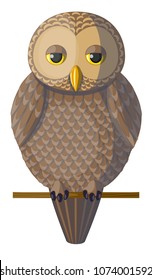 Funny sleepy brown owl sitting on a branch. Isolated character bird barred owl on white background, vector. Originally designed character, tired vector brown beige owl sitting on the branch.