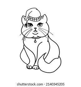 Un gato adormilado. Un gato británico en un sombrero. Ilustración de un libro de colorear. Impresión para prendas de vestir para niños, cuadernos, cuadernos, textiles, pegatinas. Ilustración vectorial en blanco y negro. Aislado.