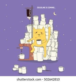 Funny sleepy Cat drinks coffee to keep energy for finish his work, because deadline is coming soon. And he had a lot of empty coffee mugs. Creative vector flat illustration about IT, coffee and cats.