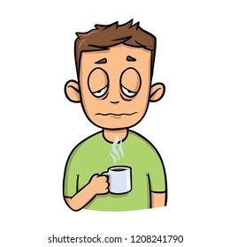 Funny sleepy guy with a cup of morning coffee. Cartoon design icon. Colorfull flat vector illustration. Isolated on white background.