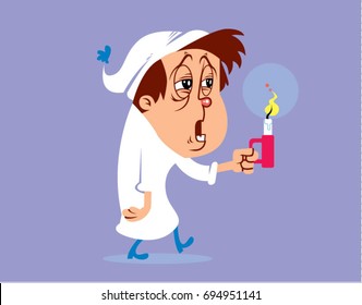 Funny sleepy little man in pajamas holding a candle