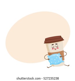 Funny sleepy paper coffee cup character with a pillow, cartoon style vector illustration on yellow background with place for text. Cute take away coffee cup character, waking up concept