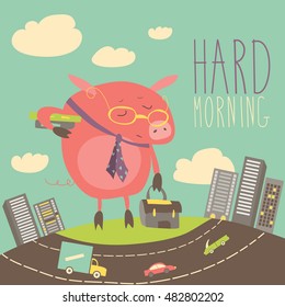 Funny sleepy pig going to work